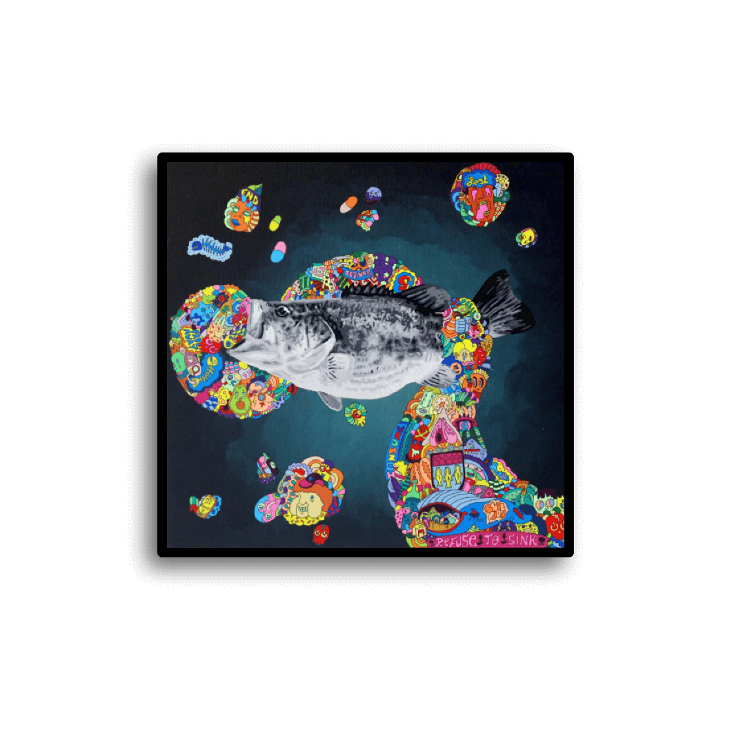 Tableau qui représente un poisson en guise de trophée qui recrache les motifs de couleur.