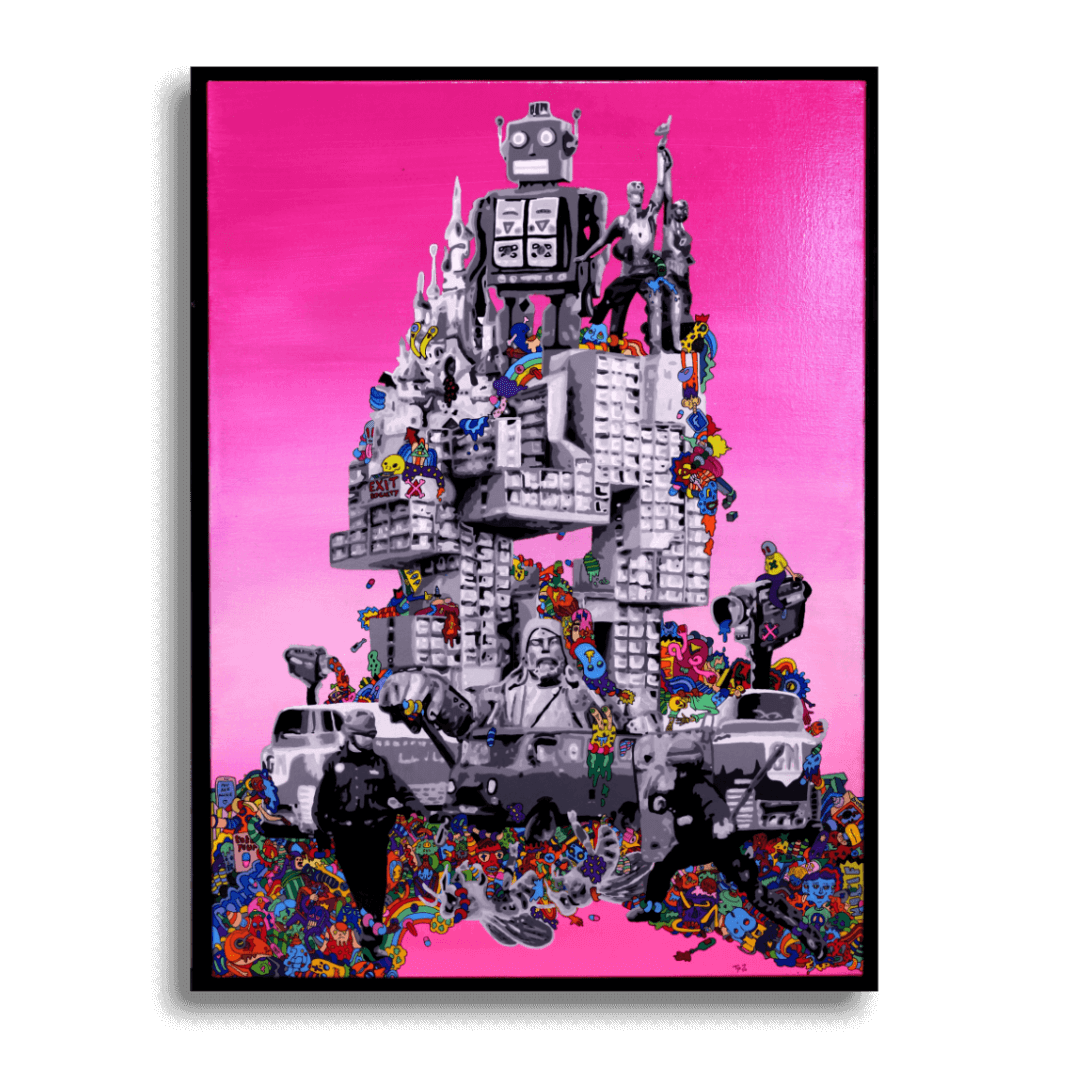 Tableau qui représente un un immeuble imaginaire avec un robot, gengis kahn et une attaque de police.