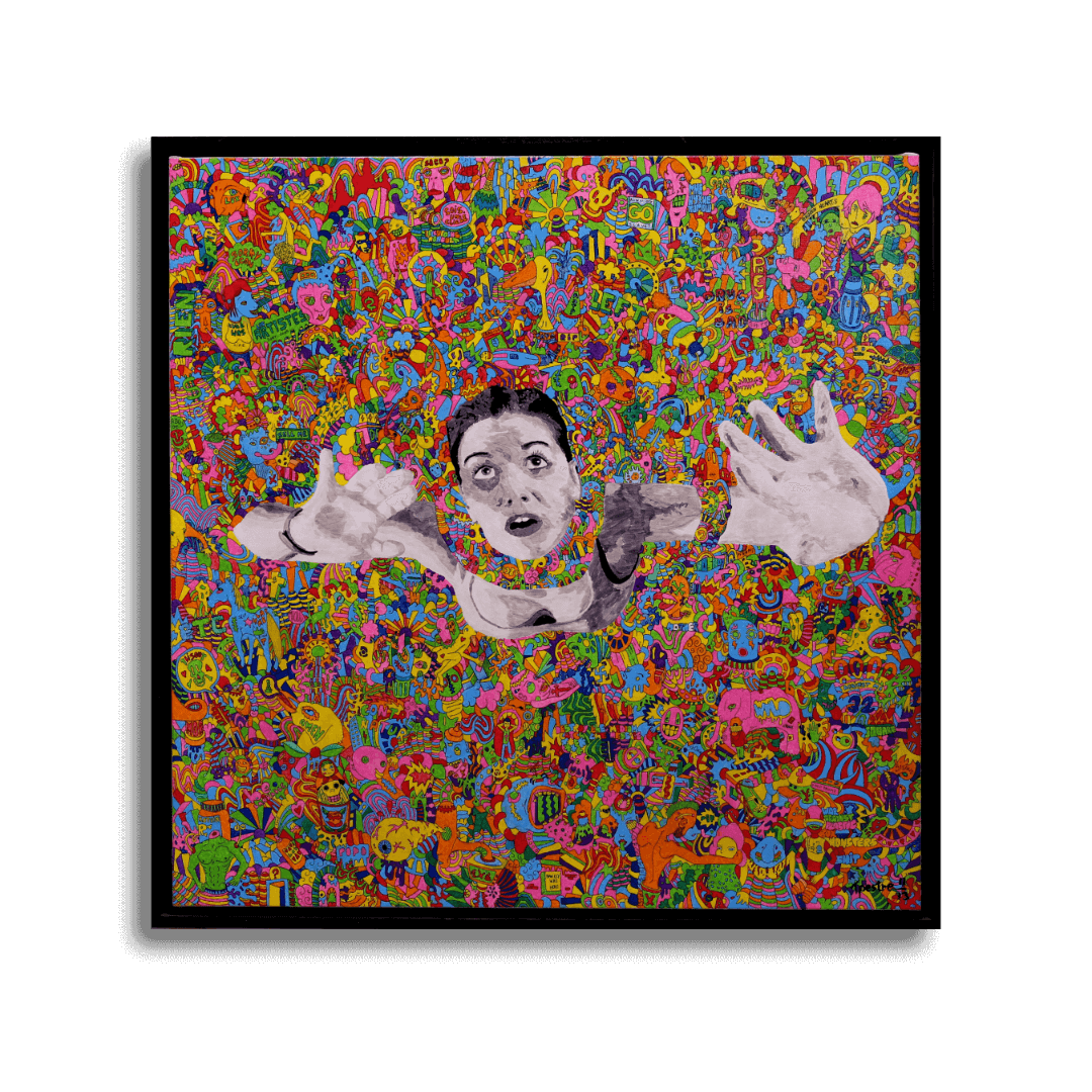 Tableau qui représente un une femme qui se noie sous une accumulation de motifs.