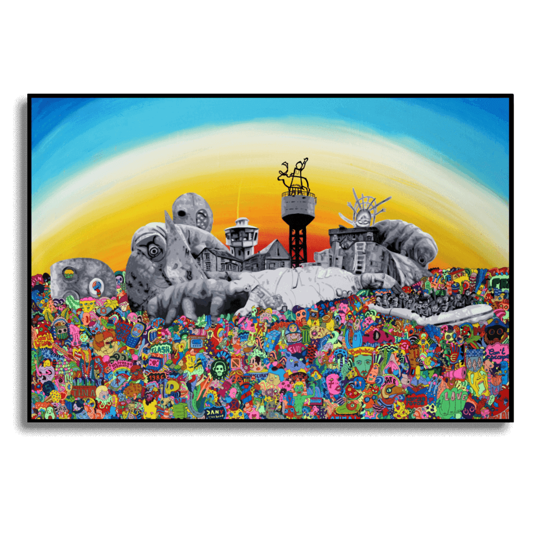 Tableau qui représente une île imaginaire et un bateau de migrants.
