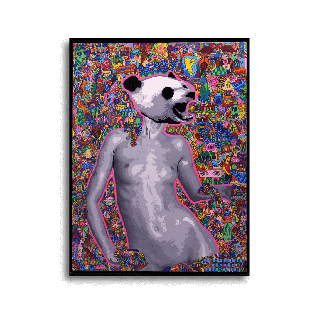 Tableau qui représente un corps de femme avec une tête de panda.