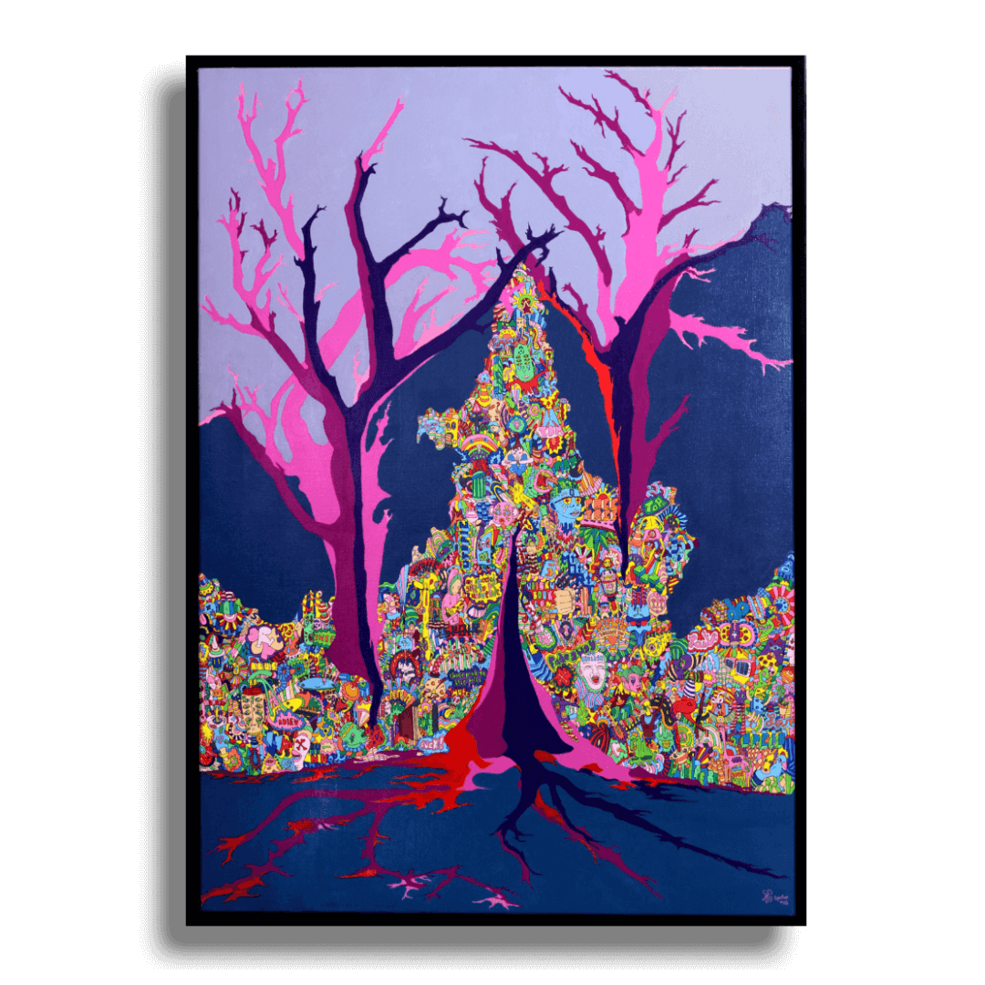 Tableau qui représente des arbres dans un style abstrait avec les motifs de couleur de Thomas Pestre.