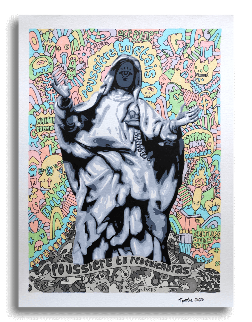 Dessin dans le style de Thomas Pestre sur des tons pastels et avec une madone post-apocalyptique.