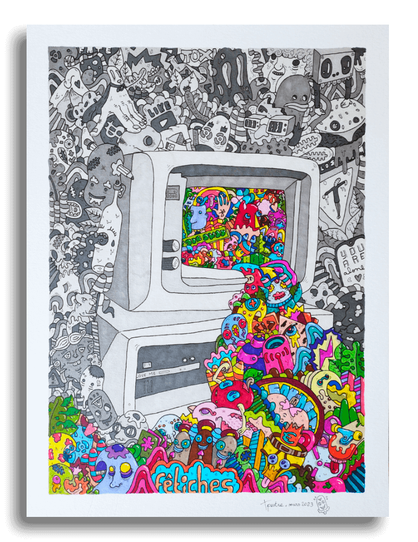 Dessin dans le style de Thomas Pestre d'un ordinateur vintage qui déverse des motifs de couleurs.