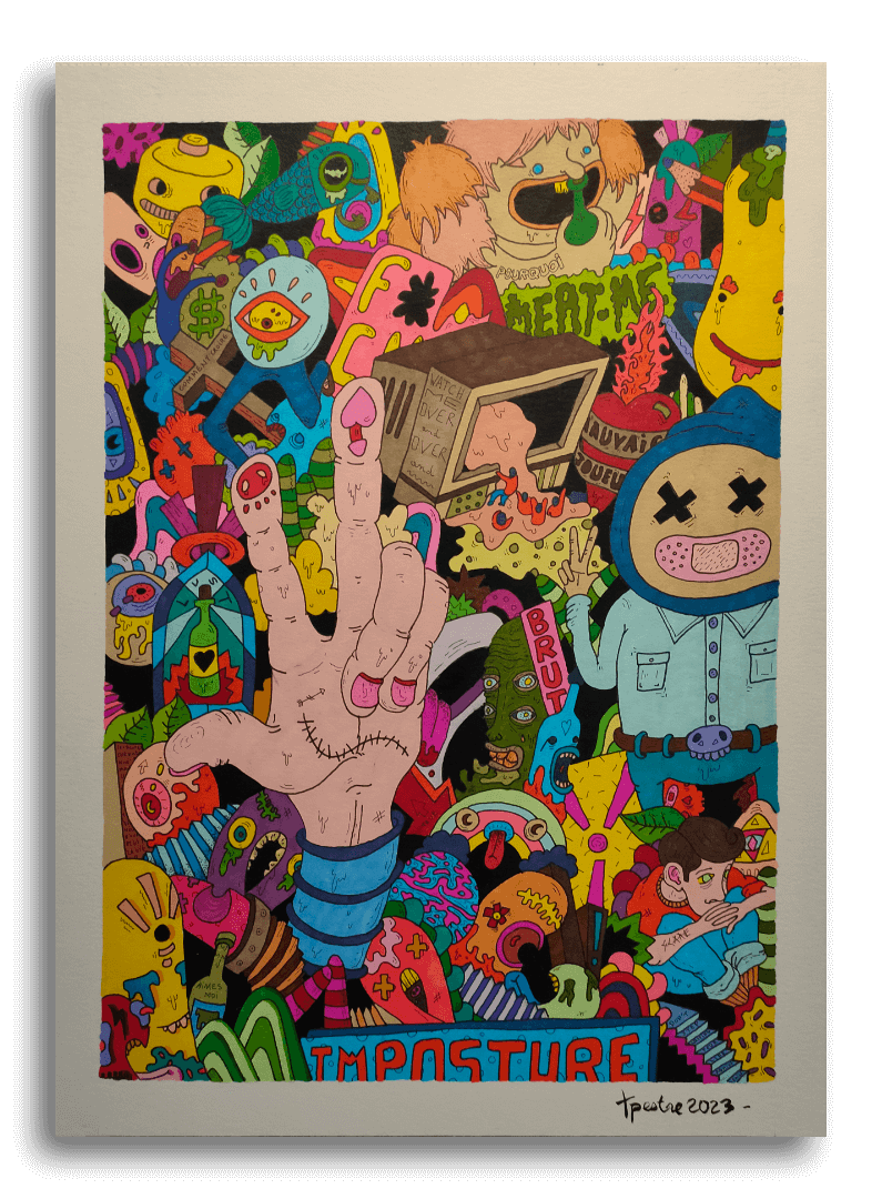 Dessin dans le style de Thomas Pestre sur des tons pastels et un effet bubble gum.