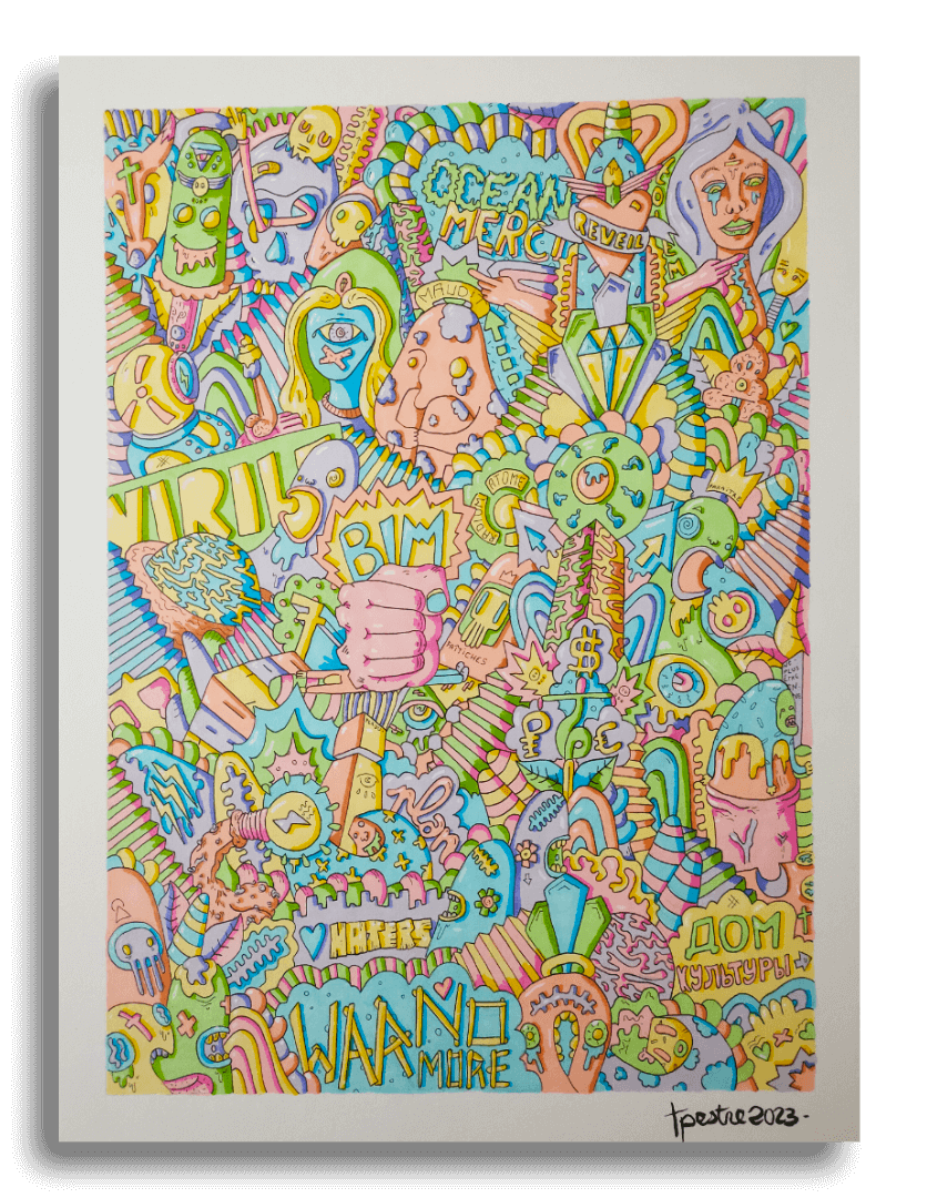 Dessin dans le style de Thomas Pestre sur des tons pastels et un effet bubble gum.