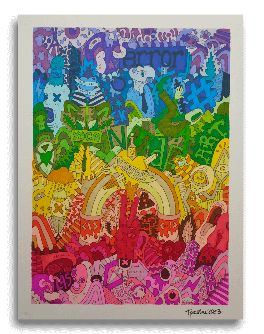 Dessin dans le style de Thomas Pestre sur des tons pastels et un effet bubble gum.